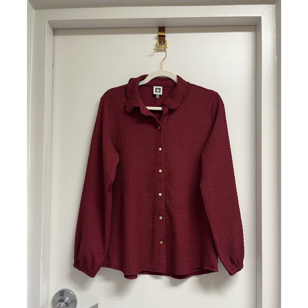Anne Klein Shirt Womens Sz M Red Textured Button Up Collar Long Balloon Sleeves